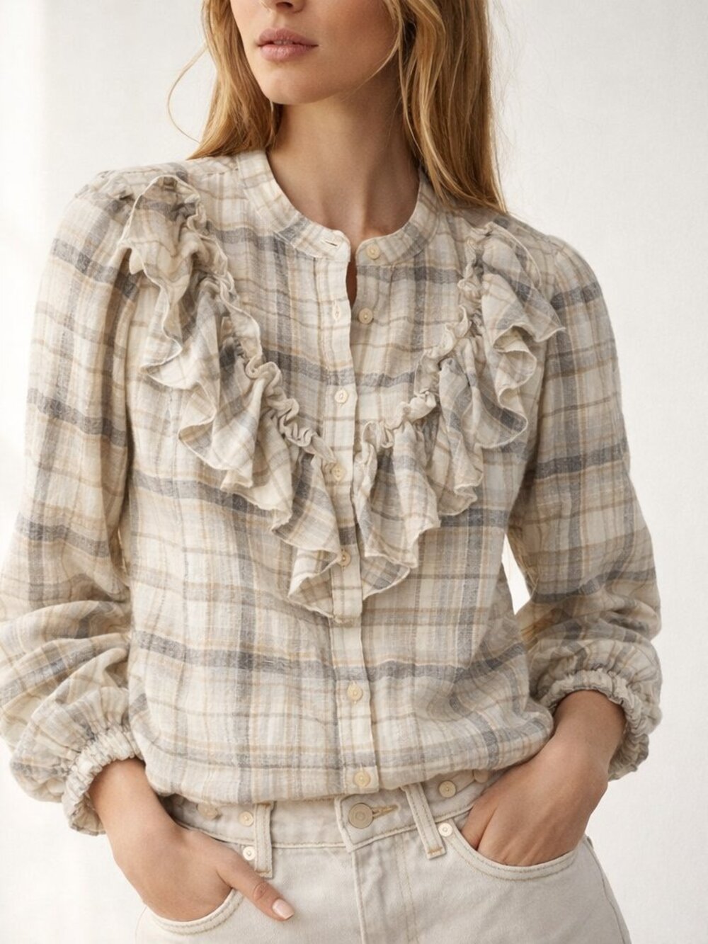 Zara Check Shirt Ruffle Blouse Top M Ecru Brown NWT Feminine